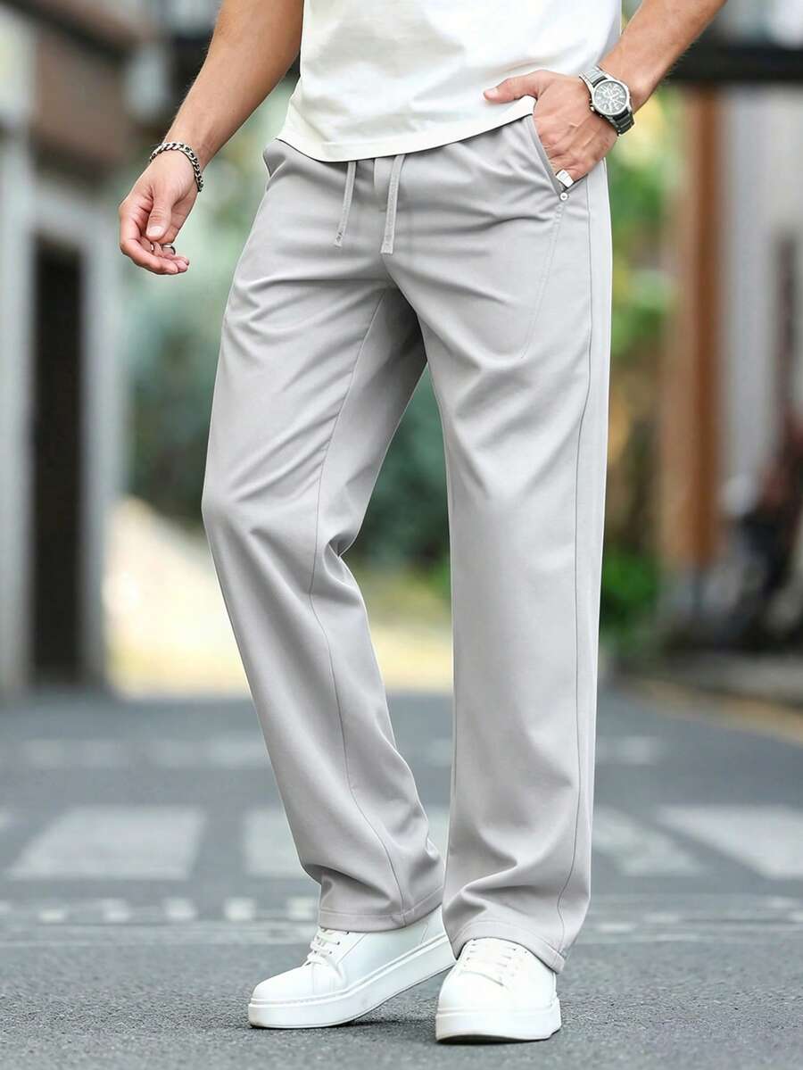 Manfinity CasualCool Men's Solid Color Drawstring Waist Pocket Casual Versatile Daily Wear Pants - Light Grey - View 1
