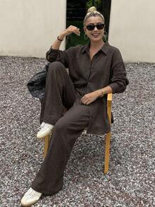 DAZY Autumn/Winter New Loose Casual Striped Women 2 Pieces Set - Coffee Brown - View 3