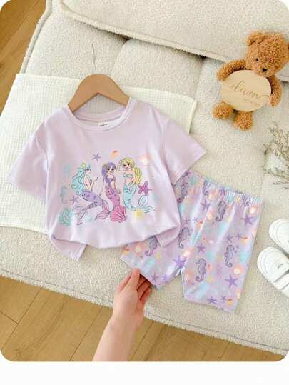 Babygirl Cute Summer Casual Knit Cartoon Pattern Short Sleeve T-Shirt And Elastic Waist Shorts Set