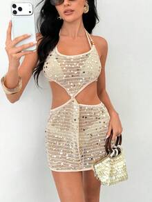 SHEIN Hollow Out Sequin Crochet Dress Women Sexy Halter Twist Backless Beach Cover Up Mini Dress - Apricot - View 1
