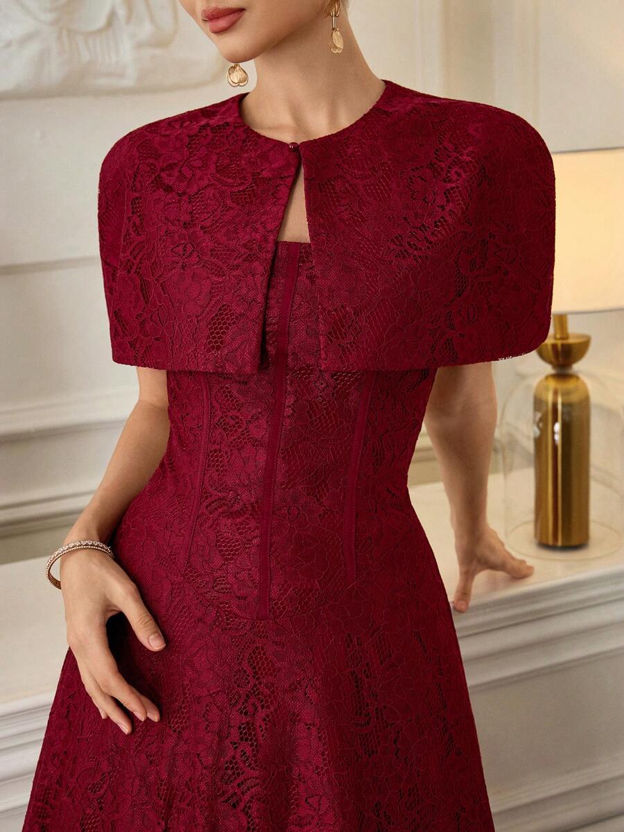 Poshira Đầm dạ hội ren màu trơn thanh lịch dành cho nữ - Đỏ - Xem 1