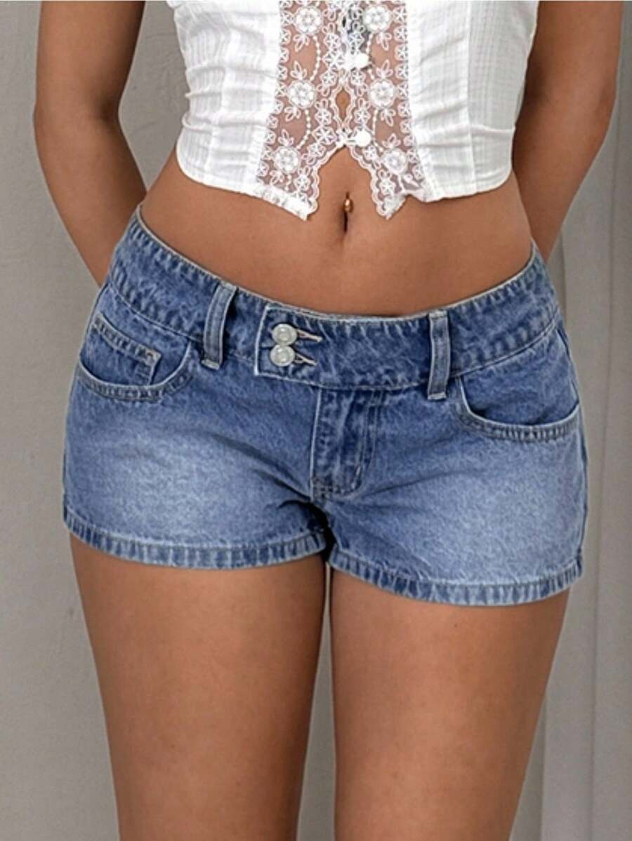 TRNVIE Women's Pocket Skinny Low-Waist Denim Shorts - Blue - View 1