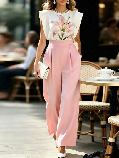 SHEIN Women's Summer Jumpsuit, Floral Print Sleeveless Top, Solid Color Wide Leg Pants, Waist Slimming Design, Printed Jumpsuit, Summer Jumpsuit, Summer Outfit, Holiday Jumpsuit, Commuter Jumpsuit, Sleeveless Jumpsuit, Workwear Jumpsuit, Women's Daily Outfit, Elegant Jumpsuit, Formal Jumpsuit, Women's Casual Jumpsuit, Graduation Jumpsuit, Women's Vacation Outfit, Outdoor Jumpsuit, Fashionable Casual Commuter Jumpsuit, Business Office Attire, Versatile Fashionable Casual Outfit, Urban Teacher Workwear