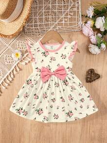 SHEIN Vestido de manga larga con estampado floral, lazo y dibujos animados, elegante para otoño/invierno para niña bebé - Multicolor - Ver 2