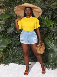 Slaydiva Mono de Body entero con múltiples volantes en las mangas para vacaciones de verano, para mujeres de talla grande. Mono de Body entero blanco de talla grande - Amarillo - Ver 6