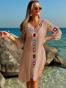 Swim Lushoire Gaun Wanita Model V-Neck Lengan 3/4 Rajutan Bunga Warna Acak Belahan Samping Longgar - Khaki - View 3