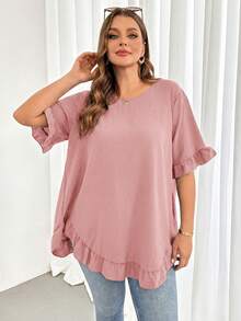 Shapeblank Women's Plus-Size Dusty Pink Summer Casual Everyday Shirt,Fashionable Loose Comfortable Ruffled Short-Sleeved Curve Cute Tops,Women Blouse - Dusty Pink - View 6