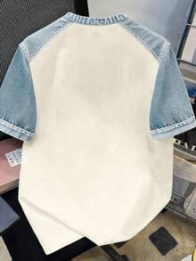 Manfinity Joysei 复古美式撞色落肩短袖T恤，饰有HK字母印花，圆领，街头简约短袖，夏季上衣，男女皆宜的休闲上衣，男士图案T恤，女士图案T恤，夏季休闲短袖 - 彩色 - 查看 2