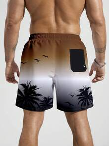 Manfinity KASUA Men's Ombre Graphic Print Slant Pocket Drawstring Waist Beach Shorts, Holiday - Coffee Brown - View 2