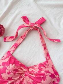 SHEIN Đầm ngắn ôm dáng cổ yếm xếp ly in hoa cho bé gái tuổi teen, họa tiết hoa dâm bụt hồng, thích hợp cho kỳ nghỉ xuân hè ở bãi biển, dự tiệc không tay thời trang, hẹn hò, ngày Valentine, lễ Phục sinh, lễ hội hóa trang, kỳ nghỉ trên du thuyền. - Màu Hồng Tươi - Xem 9