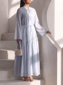 Veilorie Women's Solid Color Tie Neck Raglan Sleeve Arabic Style Dress Summer Modest - Blue - View 4