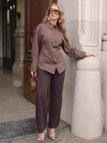 Elenary Edit Striped Long Sleeve Casual Shirt, Suitable For Office And Commuting, Old Money Style Top, Teacher's Top, Business Casual Woman Curve, Brown Top, Going Out Top For Women, Elegant Blouses For Ladies, Spring Women Brown Blouses Office Blouse, Spring Women - Brown - View 1