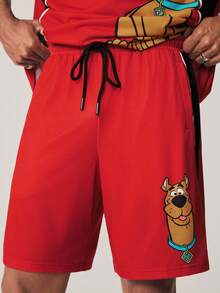 SCOOBY-DOO X SHEIN Men's Round Neck Letter & Cartoon Print Short Sleeve T-Shirt And Shorts Casual Daily Outfit - Red - View 7