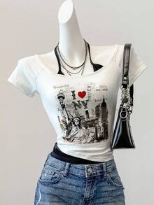 Attitoon Camiseta de manga corta casual y retro de mujer con bloques de color, adecuada para el verano - Multicolor - Ver 2