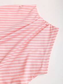 Sweetra Camiseta de mujer de estilo casual de vacaciones, con diseño asimétrico de hombro distintivo a rayas, de estilo puro, suave y dulce - Rosa - Ver 5