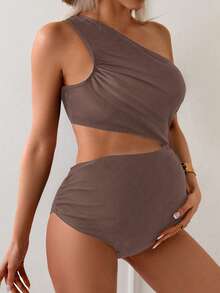 Swim Vcay 1 pieza Traje de baño de maternidad modesto de unicolor, adecuado para el verano - Marrón - Ver 4