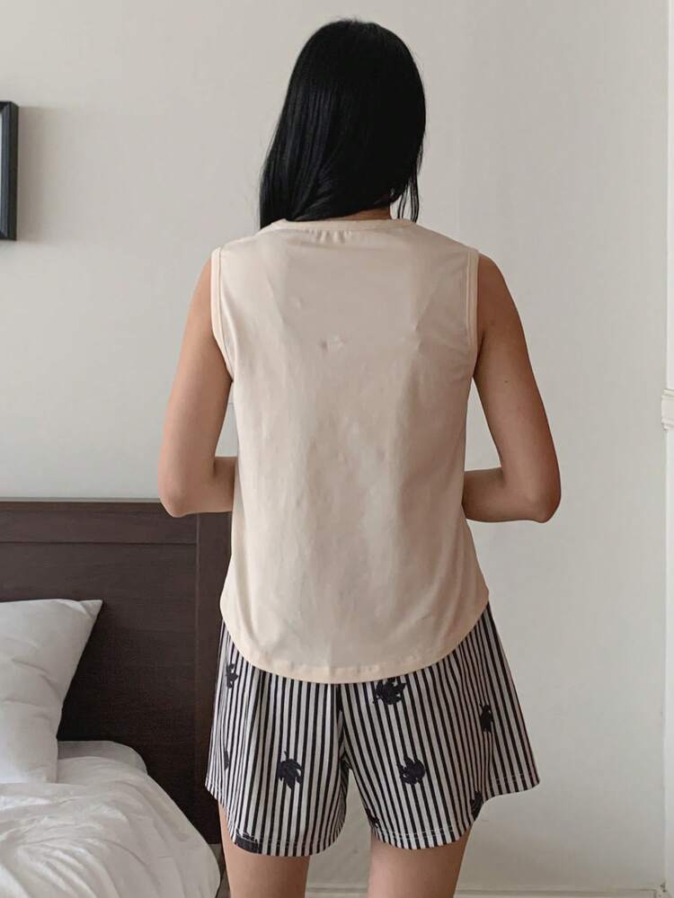 Women's Plant Print Round Neck Camisole And Striped Shorts Pajama Set Summer