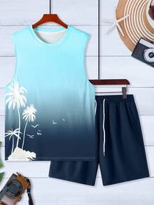 Manfinity RSRT Men's Ombre Palm Tree Print Round Neck Tank Top And Drawstring Waist Pocket Shorts Set, Holiday - Multicolor - View 3