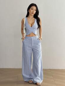 SHEIN EZwear Bộ vest và quần dài cài một nút dành cho nữ, màu trơn, thích hợp cho mùa thu/đông. - Xanh và trắng - Xem 2