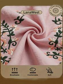 LanaWest 女士夏季莲根粉色圆领荷叶边花瓣袖短袖刺绣花卉A字休闲连衣裙 - 藕粉色 - 查看 8
