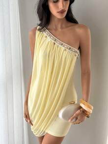 Aloruh Women's Elegant Solid Color Asymmetrical Shoulder Mini Dress, Casual Holiday Apricot Dress - Apricot - View 5