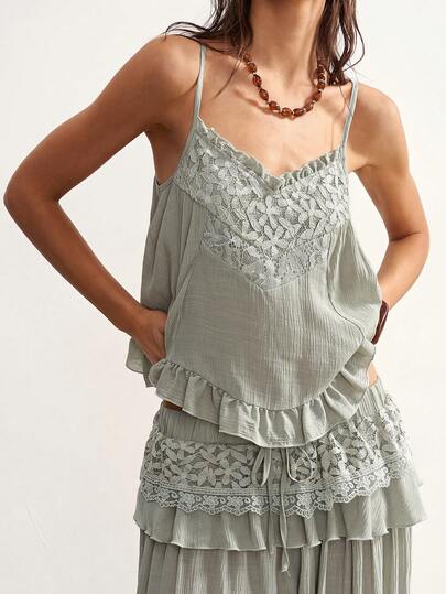 Bohemela Women's Casual Vacation Woven Contrast Lace Camisole