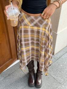 Siren Gaze Chân váy midi chiffon kẻ caro mùa hè mới dành cho nữ - Màu vàng - Xem 4