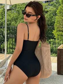 DAZY 1件女款性感黑色一件式泳衣，適合度假夏季海灘 - 黑色 - 查看 4