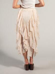 Rouah Boho Multi Ruffle Waterfall Chiffon Skirt - Perfect For Summer - Summer Vibes, Vacay Time, Resort Holiday, Vacation Time Grittyboho Garden Party Beige - Apricot - View 2