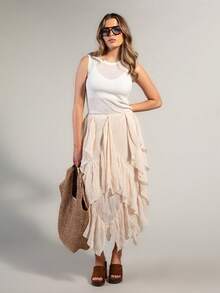 Rouah Boho Multi Ruffle Waterfall Chiffon Skirt - Perfect For Summer - Summer Vibes, Vacay Time, Resort Holiday, Vacation Time Grittyboho Garden Party Beige - Apricot - View 3