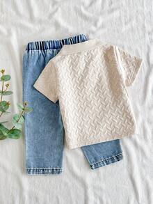 SHEIN Vintaside Kids Bộ đồ cho bé trai gồm áo tay ngắn cổ bẻ và quần jean bạc màu thời trang, thích hợp mặc hàng ngày, đi cắm trại cùng gia đình, ăn uống hoặc mua sắm. - Màu Khaki - Xem 2