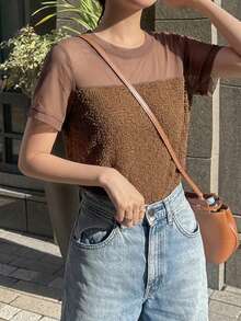 FRIFUL Women's Summer Solid Color Patchwork Sheer Mesh Slim Fit Versatile T-Shirt Going Out Tops - Brown - View 3