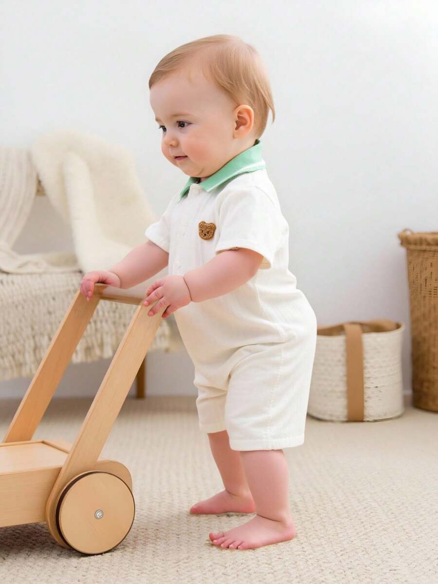 SHEIN Vintaside Kids Bộ áo liền quần tay ngắn kẻ caro hình gấu dễ thương cho bé trai, quần áo mùa hè cho trẻ sơ sinh. - Nhiều màu - Xem 1