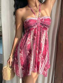 Sunnyshic Đầm ngắn nữ thời trang thường ngày, phong cách bohemian retro, họa tiết paisley đính sequin hình thoi, vạt áo bất đối xứng, cổ yếm và nơ, thích hợp cho kỳ nghỉ hè. - Hồng - Xem 7