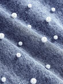 Young Girl' White Pearl Decor Loose Denim Shorts - Medium Wash - View 5
