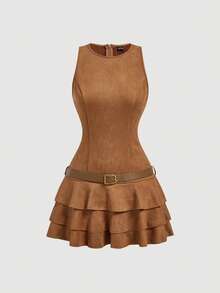 SHEIN MOD Brown Sleeveless Fit‑And‑Flare Mini Dress With Tiered Ruffle Skirt & Waist Belt - Sculpted Seamed Bodice, Round Neckline & Layered Peplum Hem For Picnic, Preppy & Daytime Events Brown Mini Dress, Tiered Ruffle Dress, Sleeveless Dress, Fit And Flare, Waist Belt Dress, Peplum Skirt, Preppy Dress, Picnic Outfit, Day Dress, Sculpted Bodice, Summer Mini, A-Line Mini - Coffee Brown - View 2