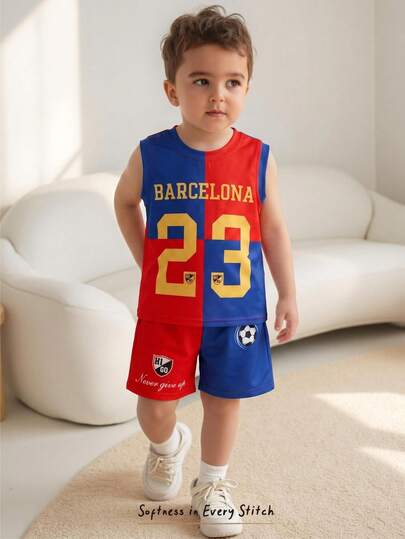 Cozy Pixies 2pcs/Set Young Boy Numeric Pattern Knit Soft Round Neck Short Sleeve Pullover Top And Elastic Waist Shorts