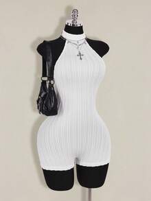 SHEIN ICON Bộ jumpsuit ôm sát cổ cao hở lưng màu đen dành cho nữ, kiểu dáng cơ bản thường ngày. - trắng - Xem 9