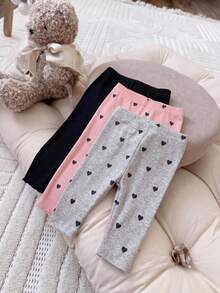 3-Unit Pack Newborn Baby Girls Comfortable Ribbed Leggings,Cute Infant Girl Sweet Heart Pattern Rib Knit Thick Leggings Set For Everyday Wear - Multicolor - View 2