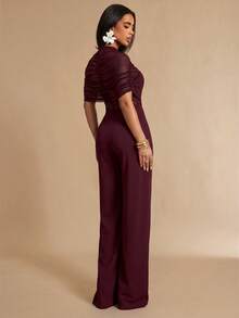 Silquee Women's Solid Color Pleated Wide Leg Elegant Jumpsuit - Maroon - View 2