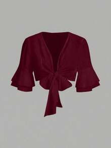 Qadelle Solid Color Cropped Shirt With Flared Sleeves And Front Tie - 酒紅色 - 查看 6