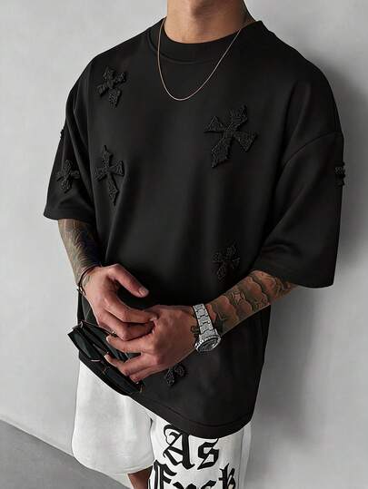 Torvinic Camiseta gráfica de hombre de talla grande con estampado cruzado completo de estilo callejero popular INS, regalo diario para novio/esposo, regalo de aniversario, camiseta blanca con gráfico, camiseta negra con gráfico, camisa de punto con cruces para hombre