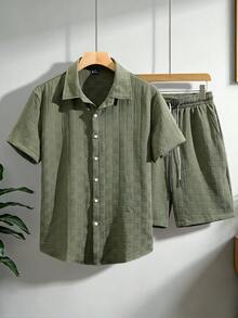 Genlund Men's Fashionable Versatile Single-Breasted Short Sleeve Shirt And Drawstring Waist Pocket Shorts 2 Pieces Set, Holiday - Army Green - View 3