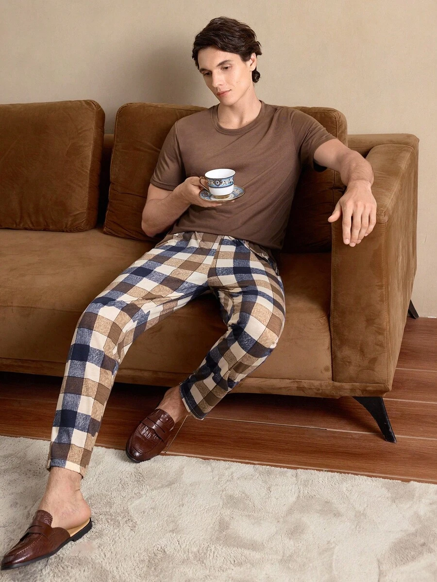 SHEIN Men's Solid Color Short-Sleeved Top & Plaid Pants Homewear Set - Coffee Brown - View 1