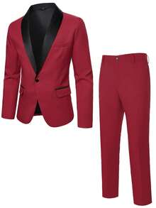 Manfinity Mode Men's Business Button-Down Long Sleeve Suit Jacket And Casual Button-Up Suit Pants Set - Burgundy - View 1