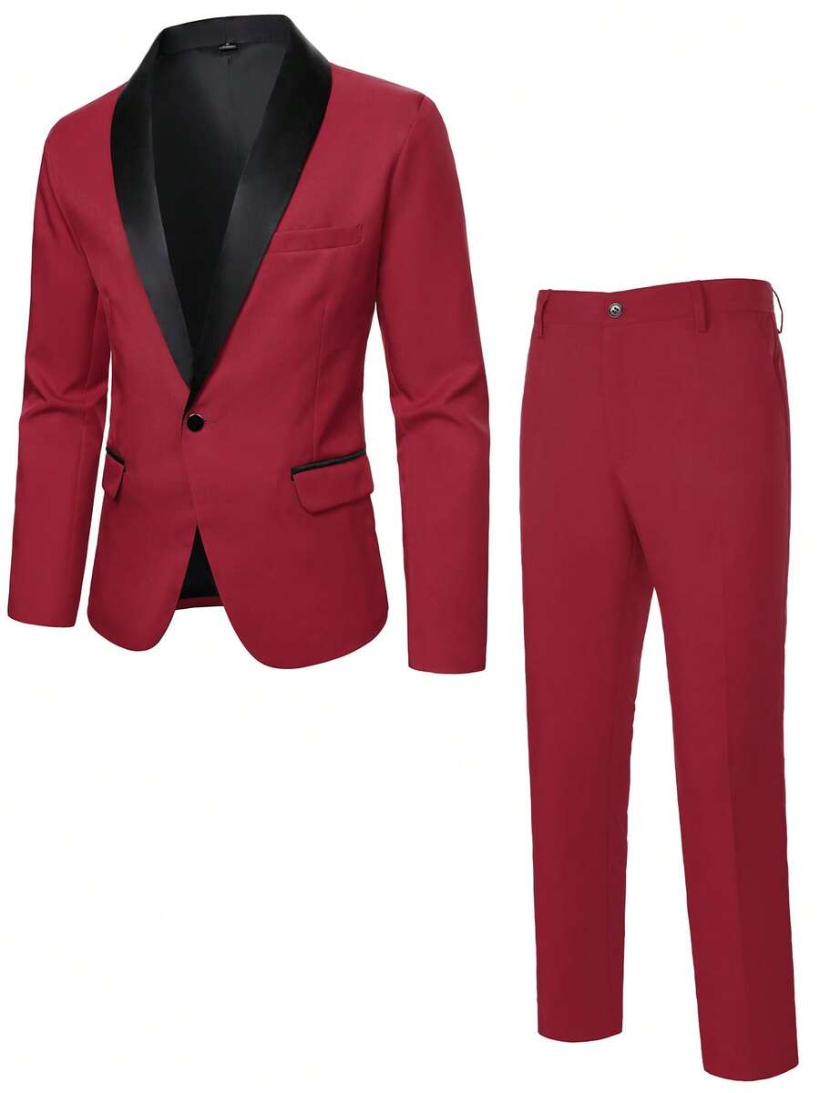 Manfinity Mode Men's Business Button-Down Long Sleeve Suit Jacket And Casual Button-Up Suit Pants Set - Burgundy - View 1