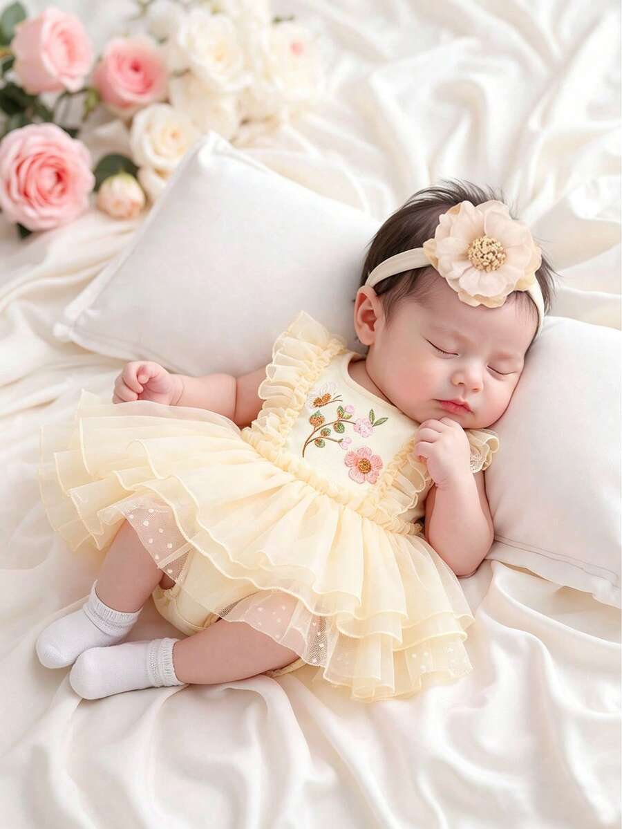 SHEIN 新生兒花卉刺繡連身衣附髮帶,攝影造型服裝與道具,秋季款 - 彩色 - 查看 1
