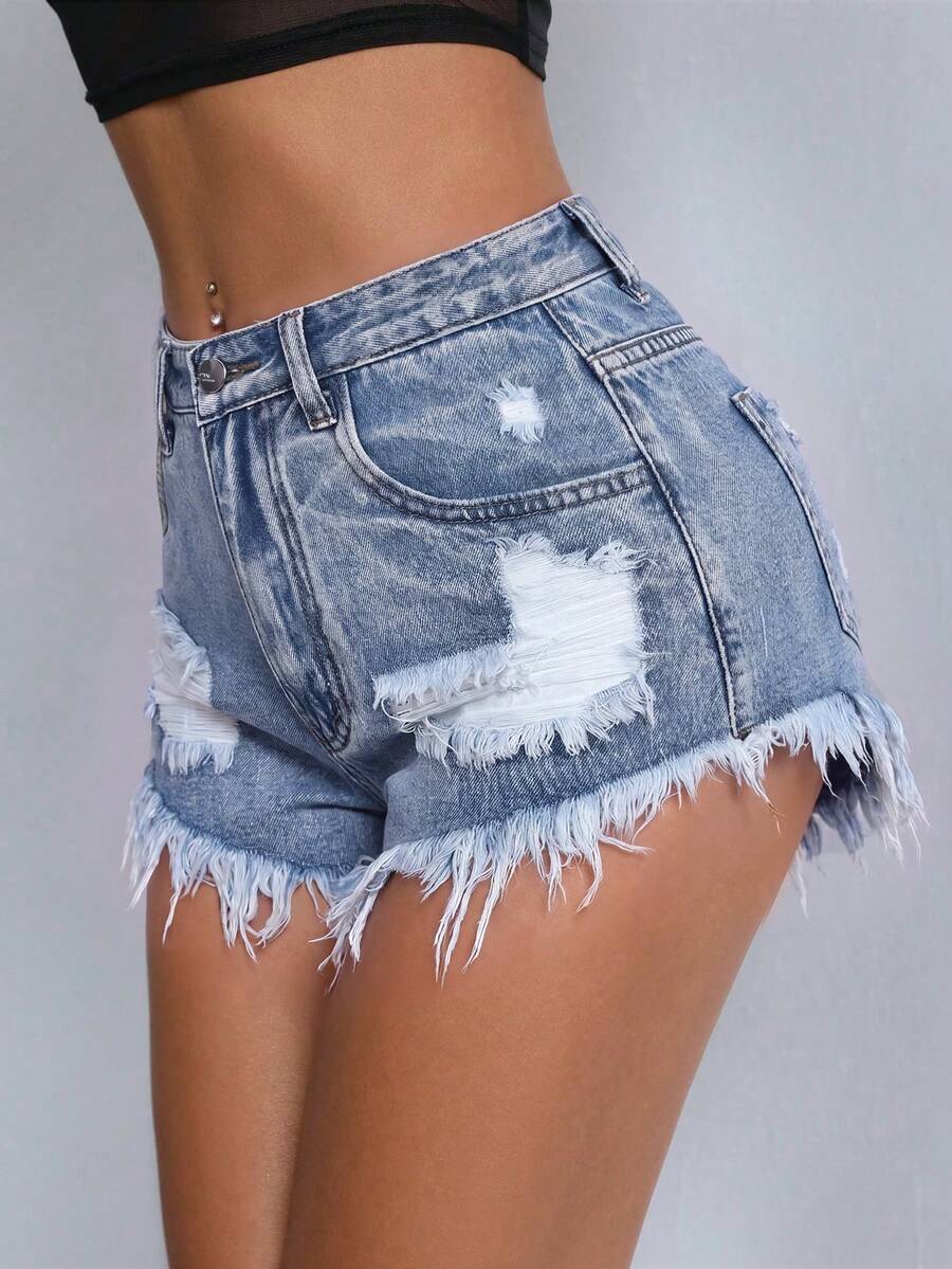 SHEIN PETITE Quần short denim nữ kiểu dáng thường ngày, rách gấu, có túi. - Rửa nhẹ - Xem 1