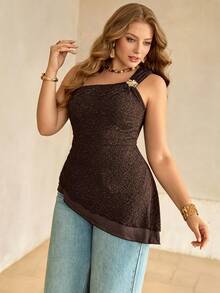 Roveilla Plus Size Women's New Oblique Shoulder Pleated Fitted Elegant Lace Knit Top, Metal Button Decor Graceful Blouse Black Tops For Ladies Daily Wear Casual Wear Plus Size Women Clothes Tops Plus Size Evening Party Summer - Coffee Brown - View 3