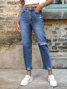 EMERY ROSE Jeans de mezclilla versátiles y casuales con bolsillos desgastados para mujer de talla grande - Azul lavado oscuro - Ver 1